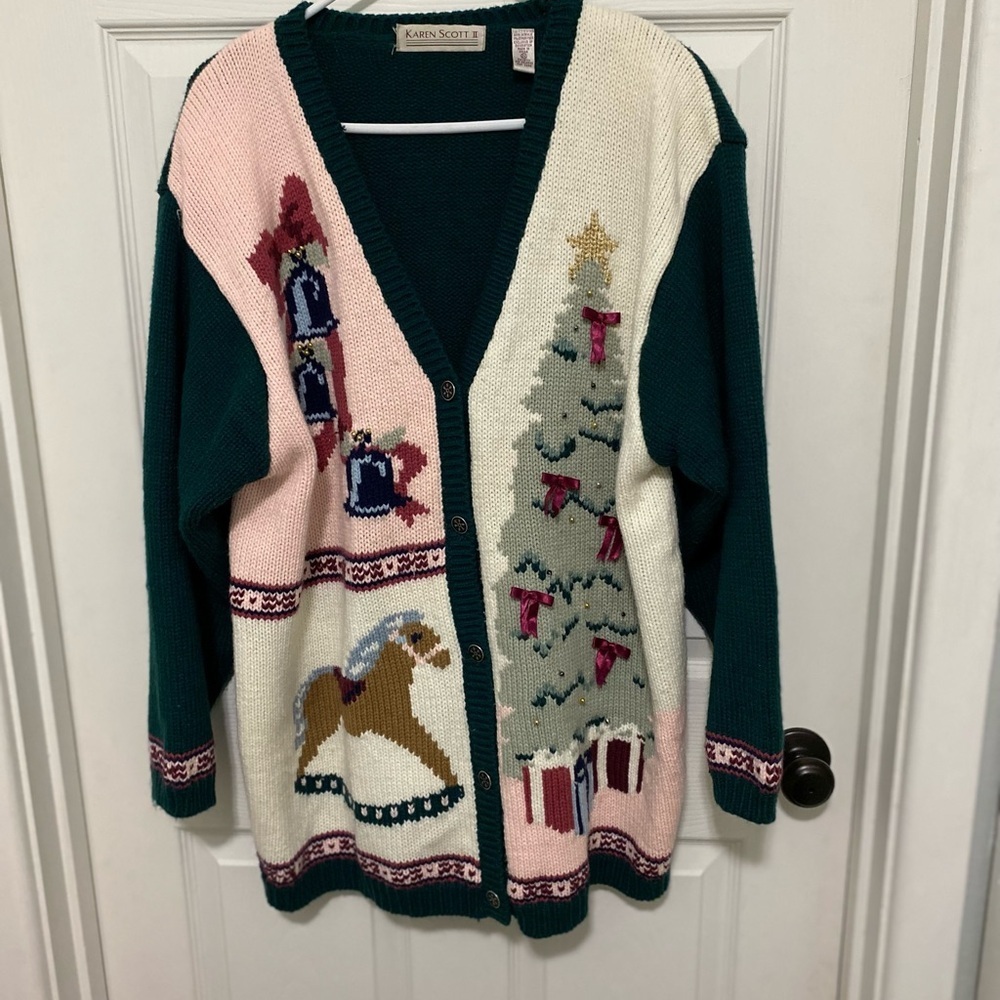 Karen Scott Women's Holiday Cardigan - Green, Pink, Cream Size 2X - Picture 2 of 10